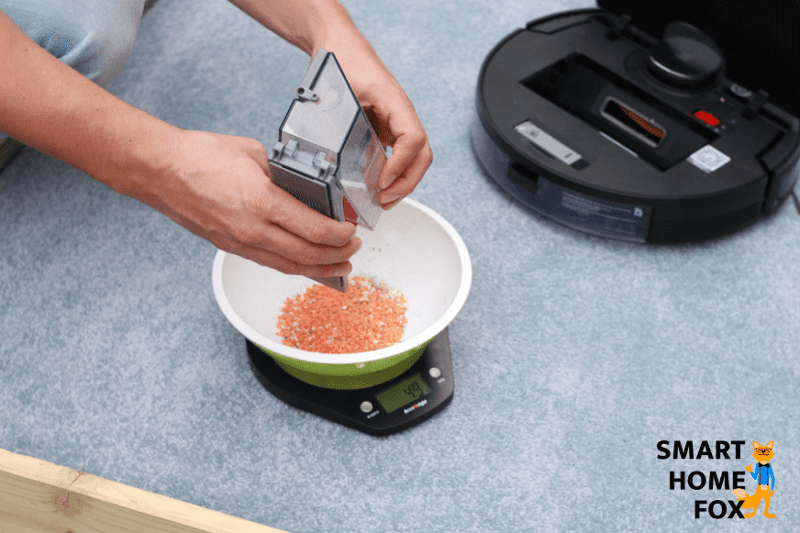 Lentils are weighed after the vacuum review on a long fiber carpet.